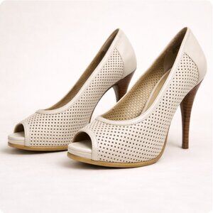 Levity Tara Perforated Peep Toe Heels • Neutral Leather • Summer‎ Classic